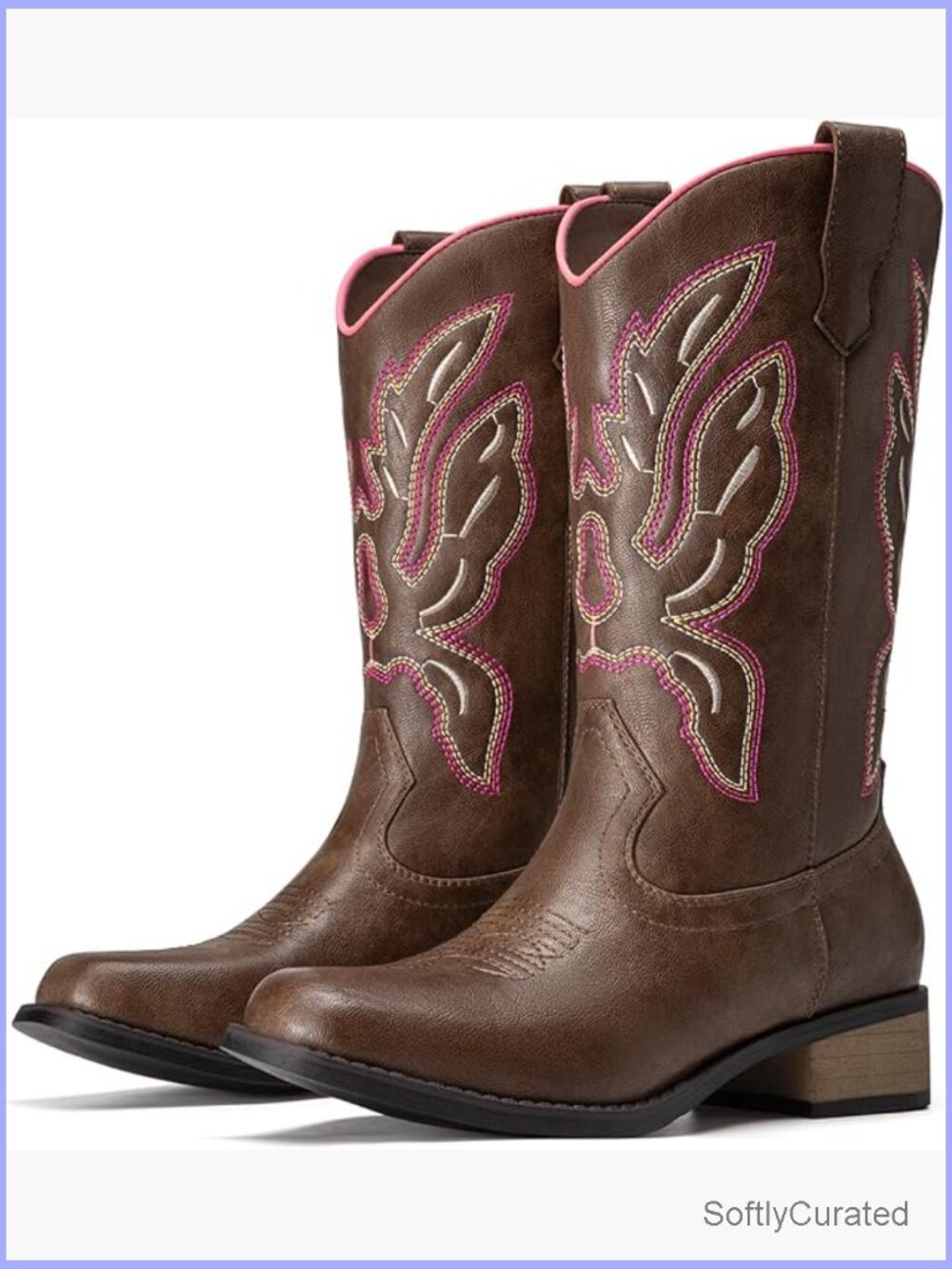 Mid Calf Cowboy Boots Square Toe Chunky Heel Embroidered Western Boots